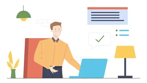 Office room interior with a man character. business animated illustration. 스톡 동영상 276882901