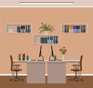 Office room interior with two workspaces and furniture. Workplace organizatio Stock Illustration