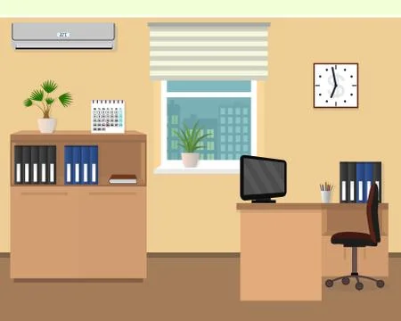 Office room interior. Workspace design with clock, air conditioning. Stock Illustration