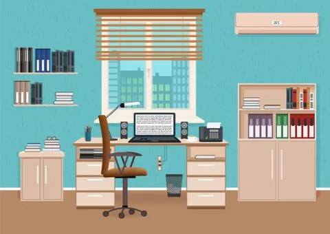 Office room interior with workspace. Working cabinet design with furniture an Stock Illustration