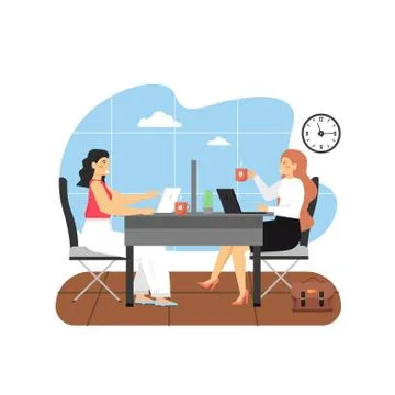 Office scene with modern workplace, two women working together and drinking Stock Illustration