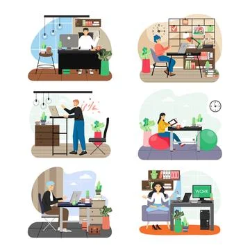 Office scene set, flat vector illustration. Business people working on computers Stock Illustration