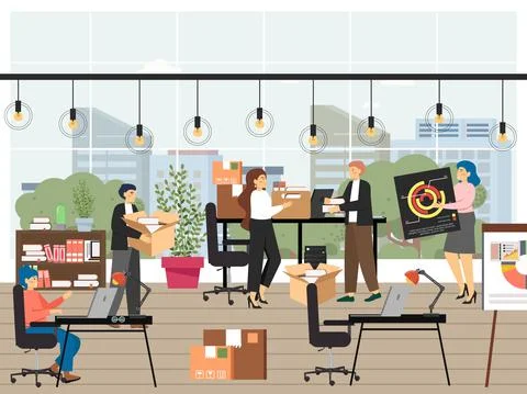 Office scene set, flat vector illustration. Workflow, moving and relocation to Stock Illustration
