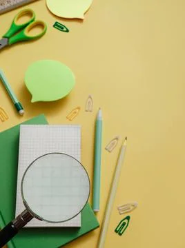 Office, school getting ready flat lay, Search study idea Stock Photos