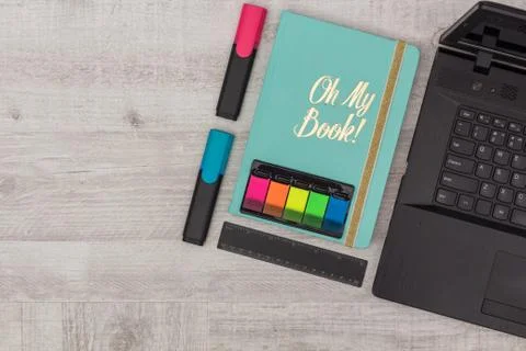 Office Set: diary, notebook and markers Stock Photos