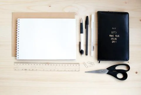 Office set studying work creativity subjects inscription Stock Photos