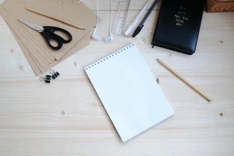 Office set studying work creativity subjects inscription Stock Photos