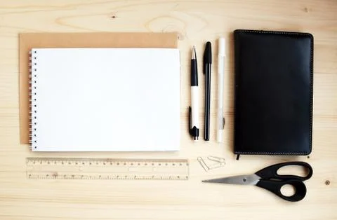 Office set studying work creativity subjects inscription Stock Photos