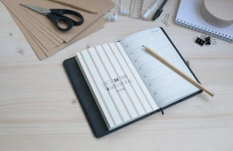 Office set studying work creativity subjects inscription Stock Photos