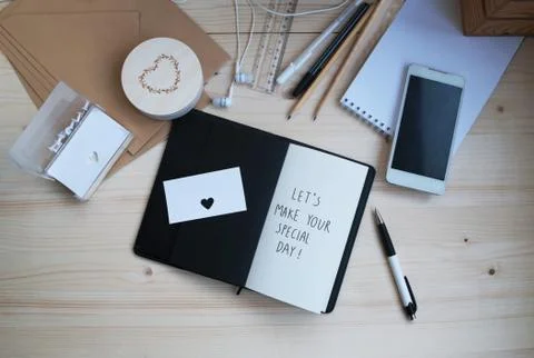 Office set studying work creativity subjects inscription Stock Photos