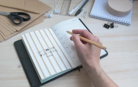 Office set studying work creativity subjects inscription Stock Photos