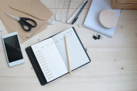 Office set studying work creativity subjects inscription Stock Photos