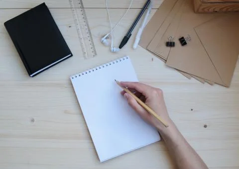 Office set studying work creativity subjects inscription Stock Photos