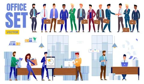 Office Set Vector, Employees Collection, Slide. Girl Carries Big Box with Off Stock Illustration