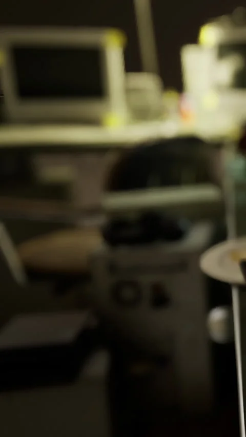 Office setting with computer and food on table during evening hours Stock Footage 333567611