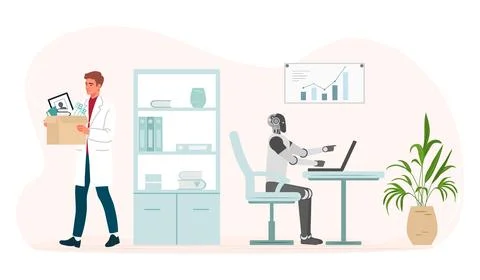 Office setting with humanoid robot using laptop while male worker holds box.. 스톡 일러스트