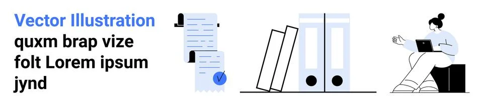 Office Setup with Documents, Binders, and Person Using Laptop Modern Produc.. 库存插图