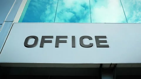 Office Sign on Modern Building with Cloud Reflection on Windows Glass Stock Footage 303563357