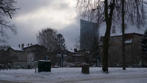 Office skyscraper bicycle winter clouds snow crane shot Video stock 92140866