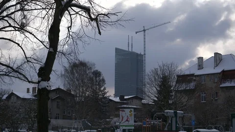 Office skyscraper medium tracking estabilishing shot right winter snow Stock Footage 92140968