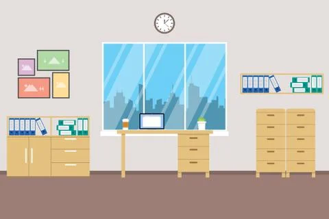 Office space with big window and city landscape as background - vector イラスト素材