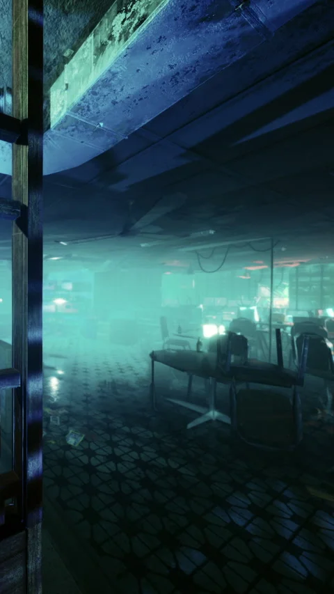 Office space with fog and light in a modern building at night Stock Footage 335354449