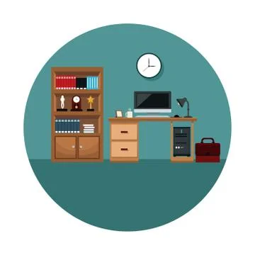Office space interior desk computer lamp coffee cup clock briefcase book Stock Illustration
