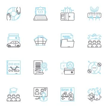 Office space planning linear icons set. Ergonomics, Furniture, Layout Stock Illustration