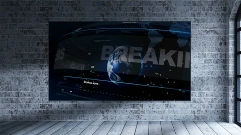 Office space with a screen on the wall, broadcasting news. Stock Footage 199386549