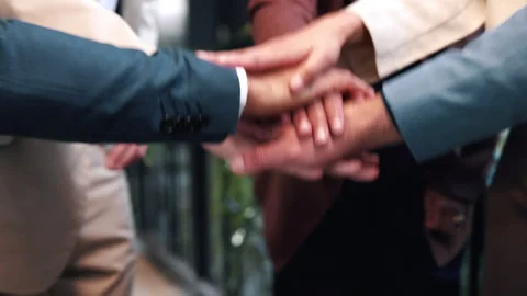 Office, stack and hands of business people for support, goals and solidarity at Stock Footage 338009226