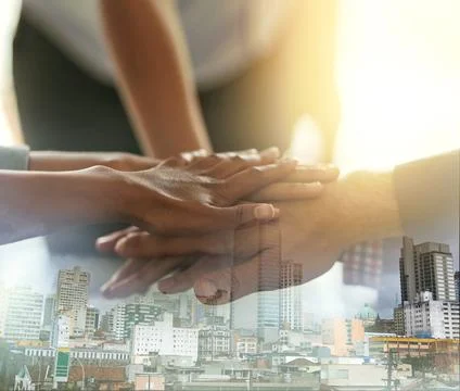 Office, stack of hands and business people in unity, collaboration and 스톡 사진