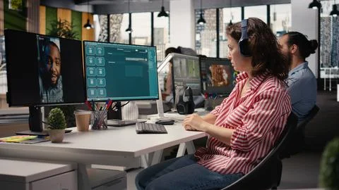 Office staff using large language on AI virtual assistant software Stock Photos