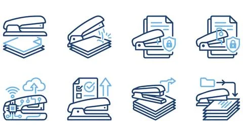 Office stapler and document organization line icons with document, stationery Stock Illustration