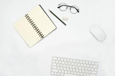 Office starter pack on desk from top point of view office Stock Photos