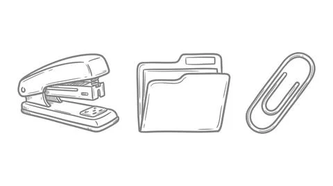 Office stationery staples folder and paper clip hand drawn sketch illustrat.. Stock-Illustration