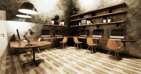 Office studio loft style interior design concrete wall gray glossy on wooden  Stock Illustration