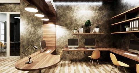 Office studio loft style interior design concrete wall gray glossy on wooden  Stock Illustration