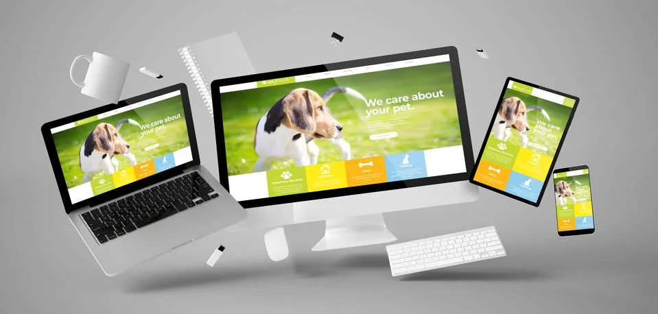 Office stuff and devices floating with pet website Illustrazione stock