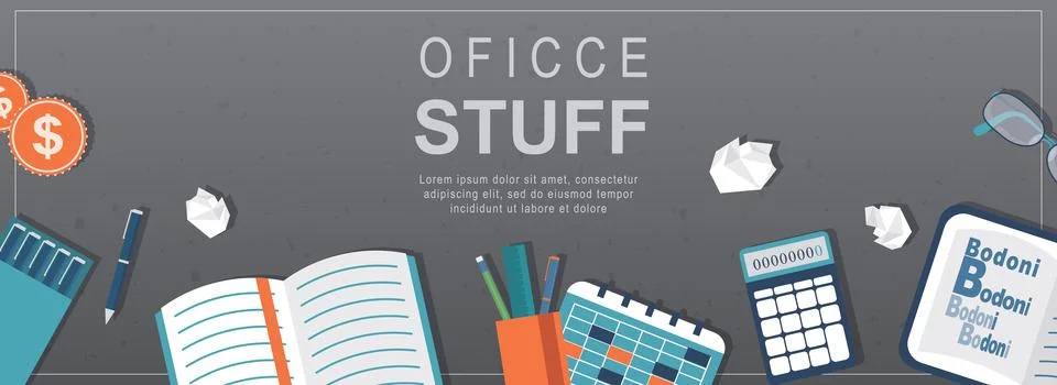 Office stuff horizontal web banner. Notepad, pens, calendar, calculator, and  Stock Illustration