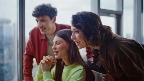 Office supervisors working computer videocalling in corporate workspace closeup Stock Footage 319776732