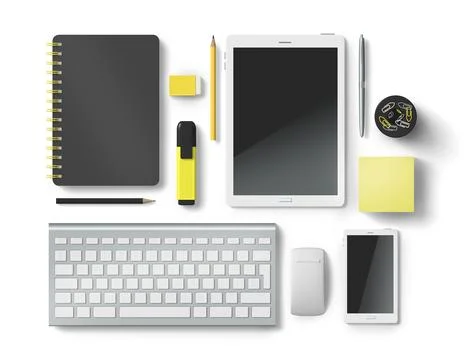 Office supplies accessory set 3D on white background Stock Photos
