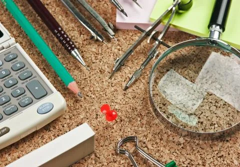 Office supplies in a mess on the table 스톡 사진