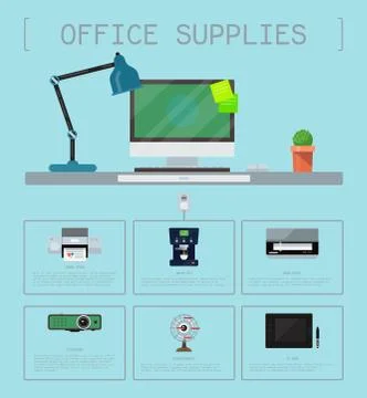 Office supplies poster group computer equipment seamless pattern. Laptop Stock Illustration