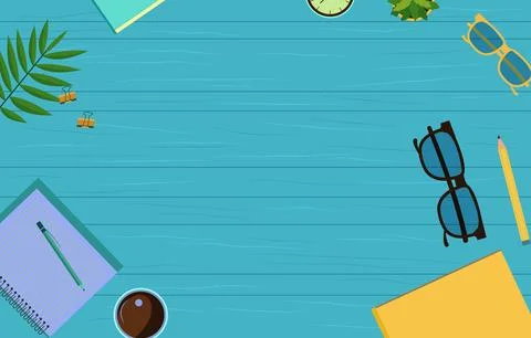 Office Supplies on Work Table with Copy Space on Blue Wooden Background 스톡 일러스트