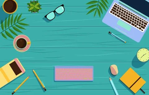 Office Supplies on Work Table with Copy Space on Green Wooden Background Stock Illustration