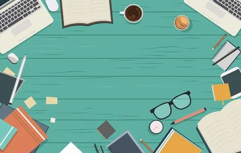 Office Supplies on Work Table with Copy Space on Green Wooden Background 스톡 일러스트