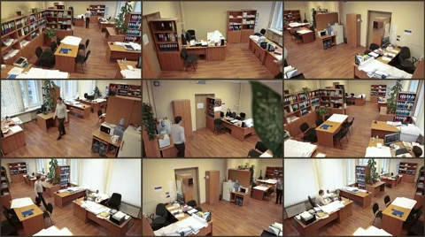 Office surveillance cameras view, nine in one, people at work Stock Footage 43799764