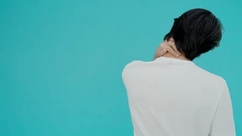 Office syndromes, man massaging neck pain due to work and using a computer,.. Stock Footage 338366756