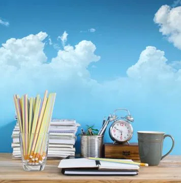 Office table with blank notepad, workplace in room. Creative office workspace Stock Photos