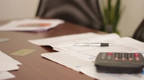 Office table with business papers and cards Stock Footage 47176575